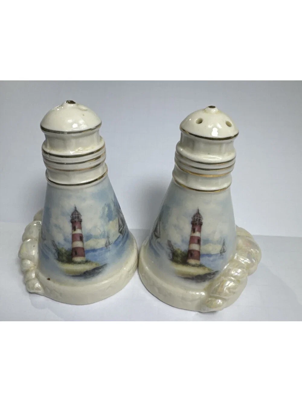 Giftco Lighthouse Shaped Ceramic Salt & Pepper Shaker Set Sailboat Nautical